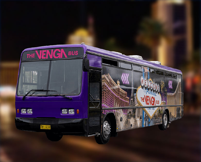 The Venga Party Bus, a purple party bus covered in photos of Vegas
